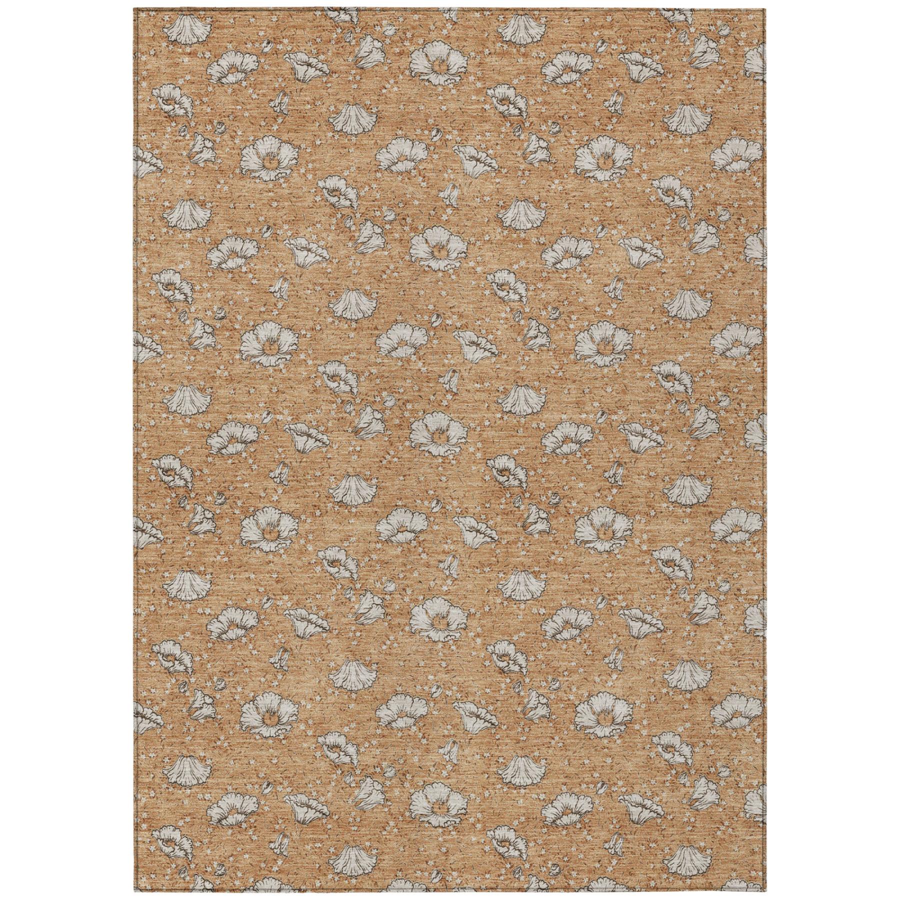 Copper orange area rug with scattered light gray floral motifs and subtle border