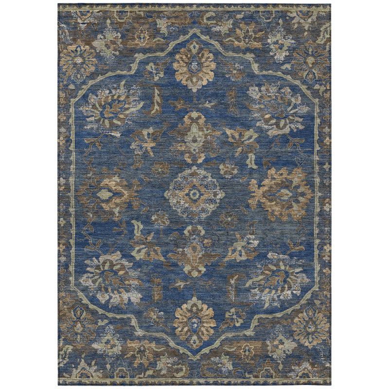 Navy blue area rug with central diamond medallion and gold floral scrollwork
