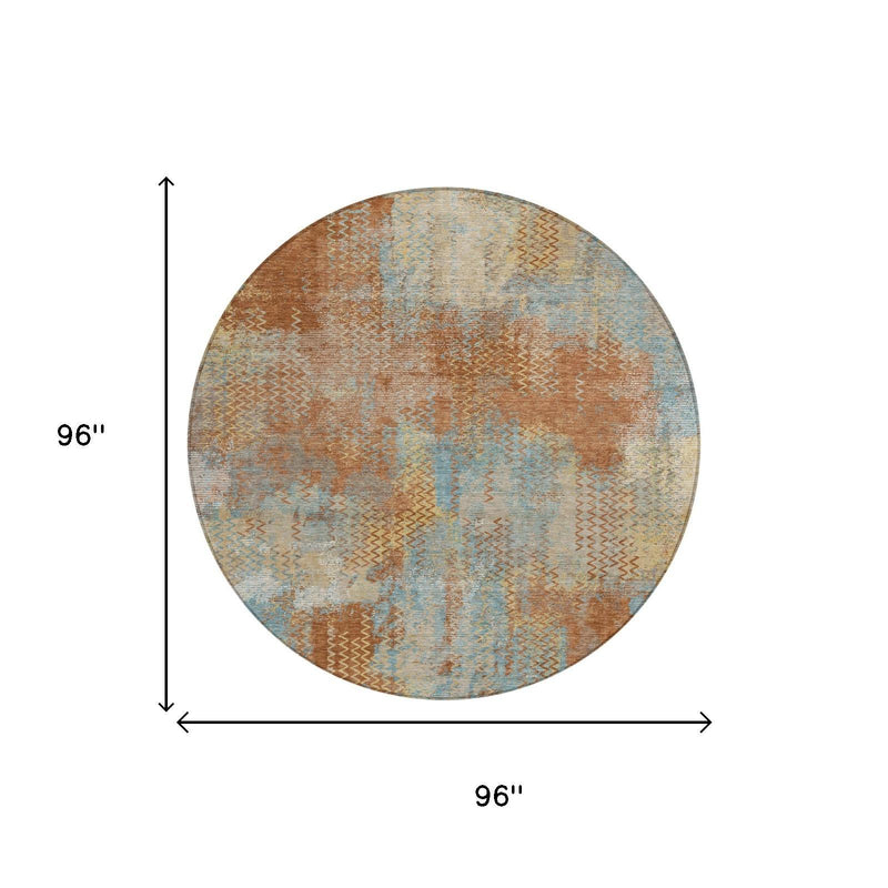 Round area rug, 96 in diameter, abstract chevron pattern in rust orange and light blue.