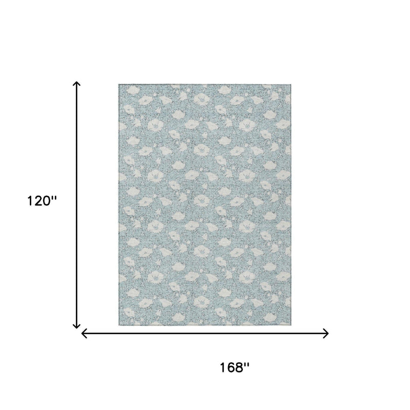 Rectangular washable area rug, light blue floral pattern, 168 x 120 in