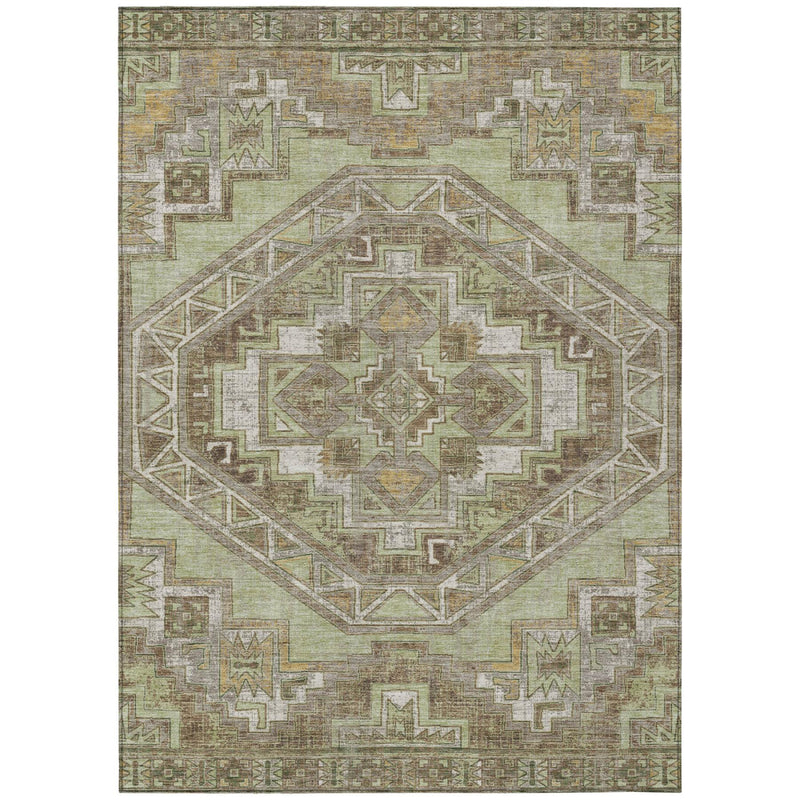 5 ft x 8 ft area rug with faded green and brown southwest medallion pattern