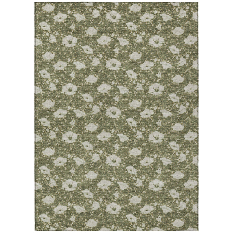 Rectangular area rug with olive-green background and repeating light floral motifs