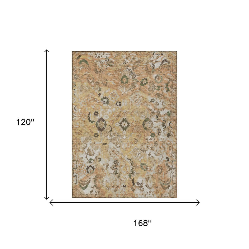 Copper and orange floral area rug, 168 in by 120 in with distressed pattern