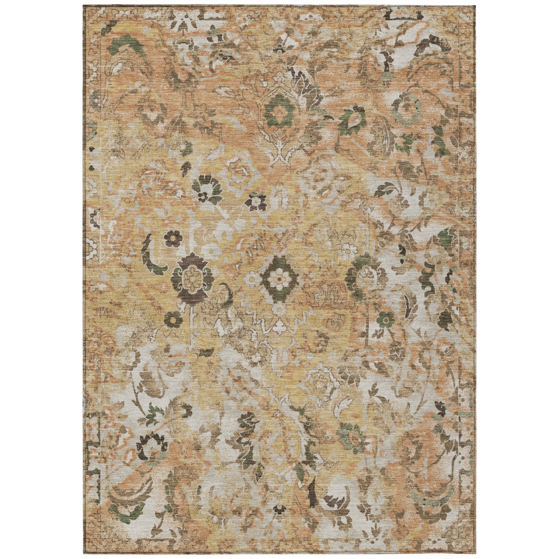 Floral indoor outdoor area rug with distressed medallion pattern, cream base and copper-orange tones