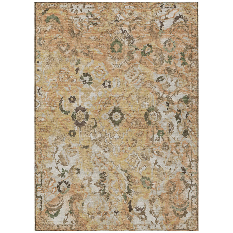 Floral indoor outdoor area rug with distressed medallion pattern, cream base and copper-orange tones