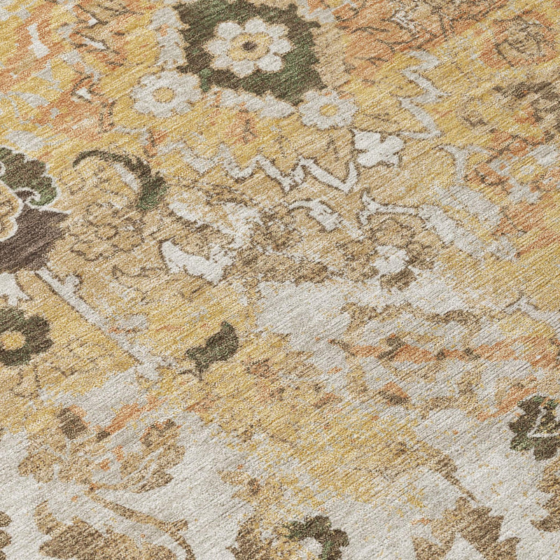Distressed floral area rug texture, cream and copper-orange with dark green and brown accents