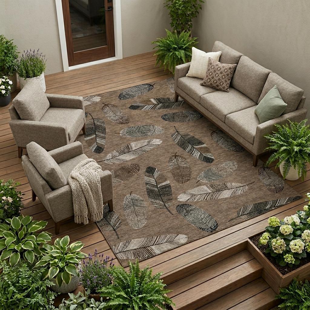 10' X 14' Brown And Ivory Botanical Leaves Washable Indoor Outdoor Area Rug - Sports & Outdoor