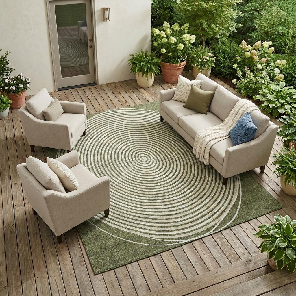Beige outdoor seating set with green spiral rug, plush cushions, and cozy throw, perfect for patios or gardens.