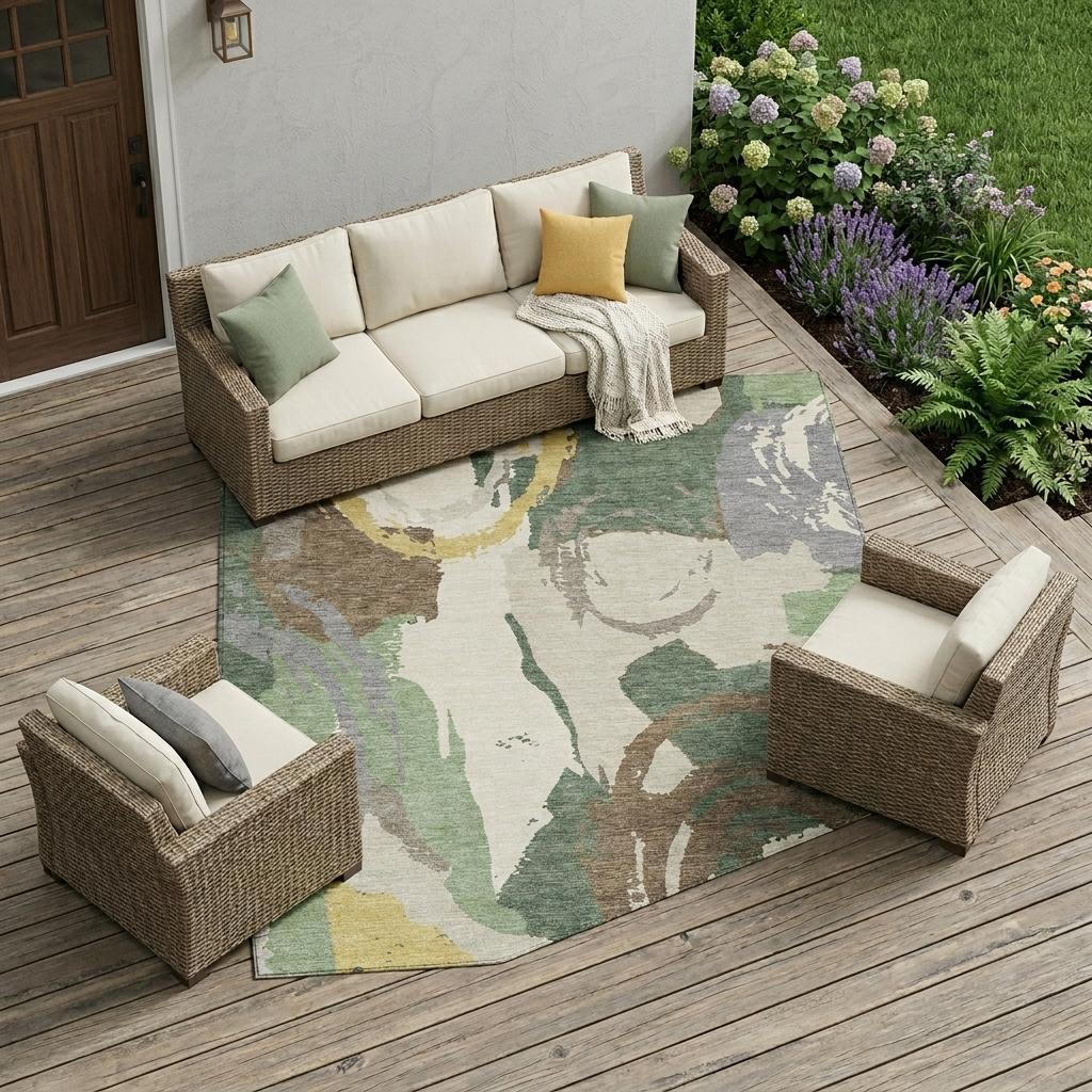 10' X 14' Green And Denim Blue Abstract Washable Indoor Outdoor Area Rug - Sports & Outdoor