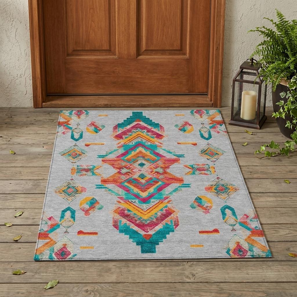3' X 5' Silver And Ivory Tribal Washable Indoor Outdoor Area Rug - Sports & Outdoor