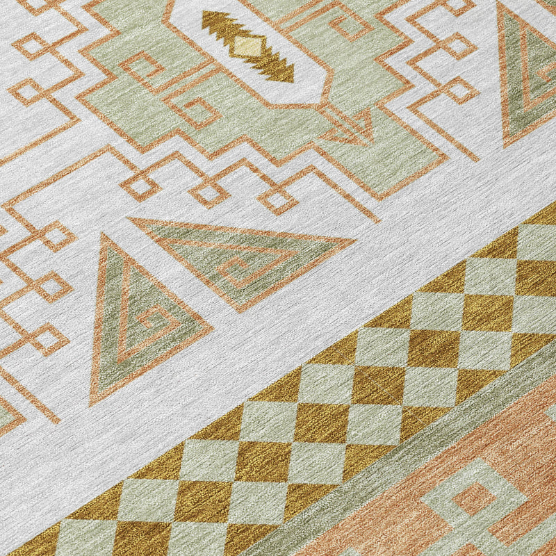 Close-up of green and teal tribal geometric area rug with lattice and diamond pattern
