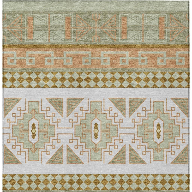 Front view of green and teal tribal geometric area rug with medallion and striped borders