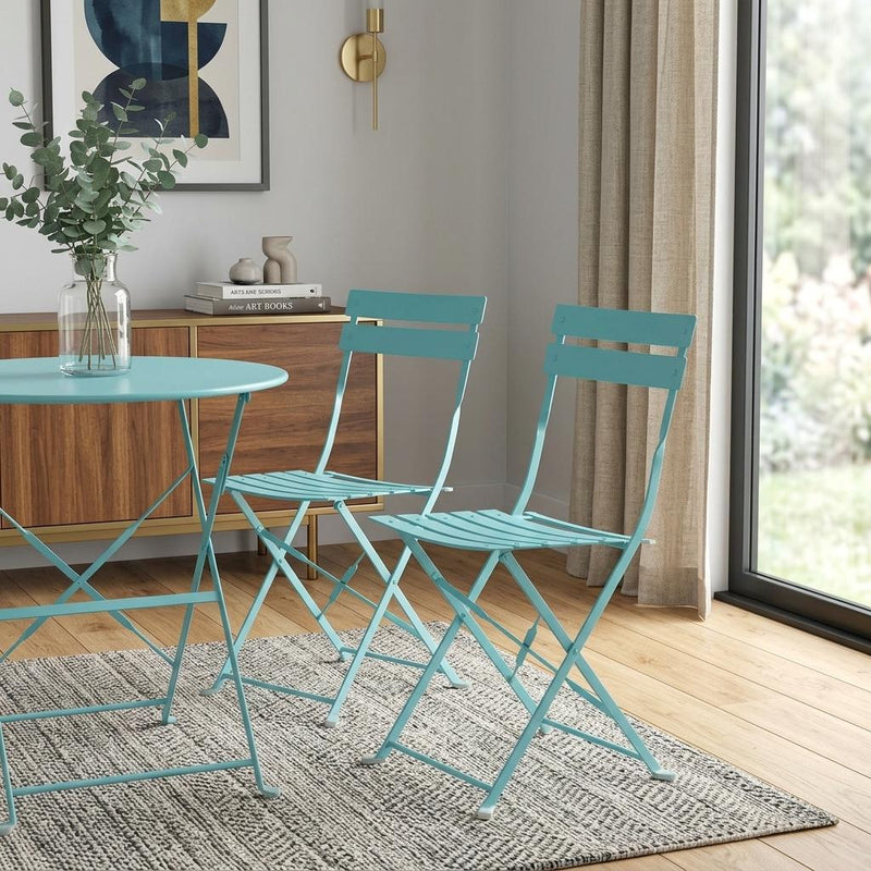Aqua blue outdoor folding dining chair with slatted seat and back, viewed from side