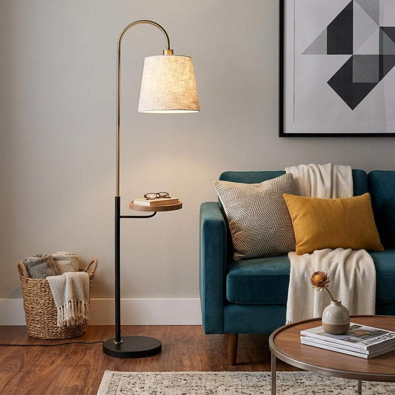 65" Black And Brass Tray Table USB Floor Lamp With Wood Shelf - Lighting