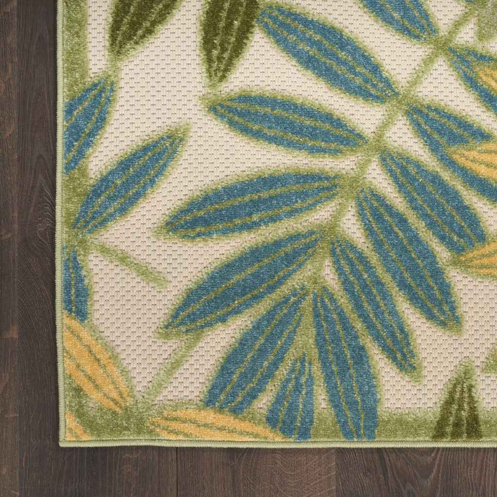 6' Green Yellow And Blue Palm Leaf Indoor Outdoor Runner Rug