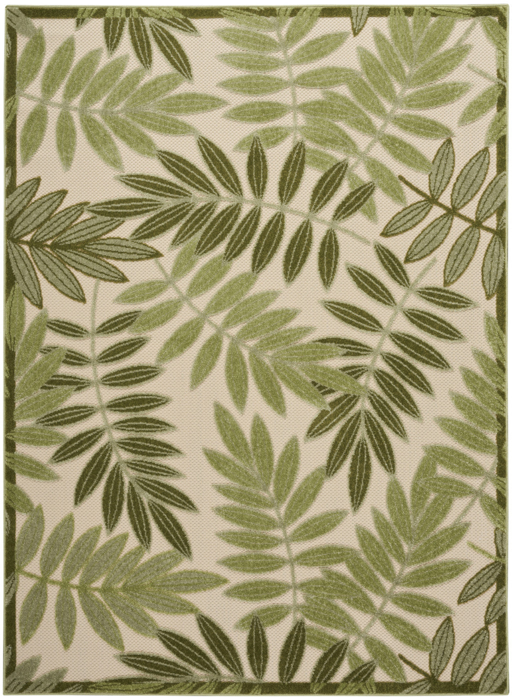 6' X 9' Ivory And Green Palm Leaf Indoor Outdoor Area Rug - Outdoor