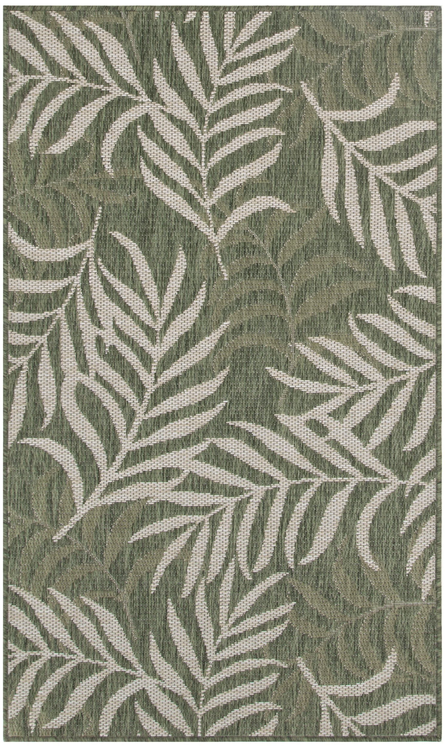 Green rug with ivory palm leaf pattern, tight weave and textured surface