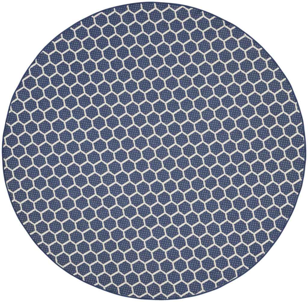 8' Navy Blue And Ivory Geometric Indoor Outdoor Area Rug