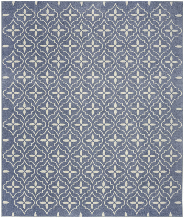 Blue and ivory geometric area rug, 6x9 ft, trellis quatrefoil pattern