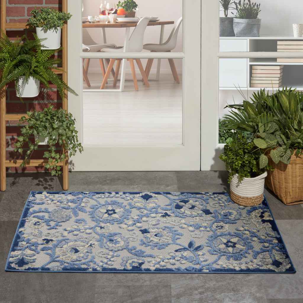 3' X 5' Blue And Gray Floral Power Loom Area Rug