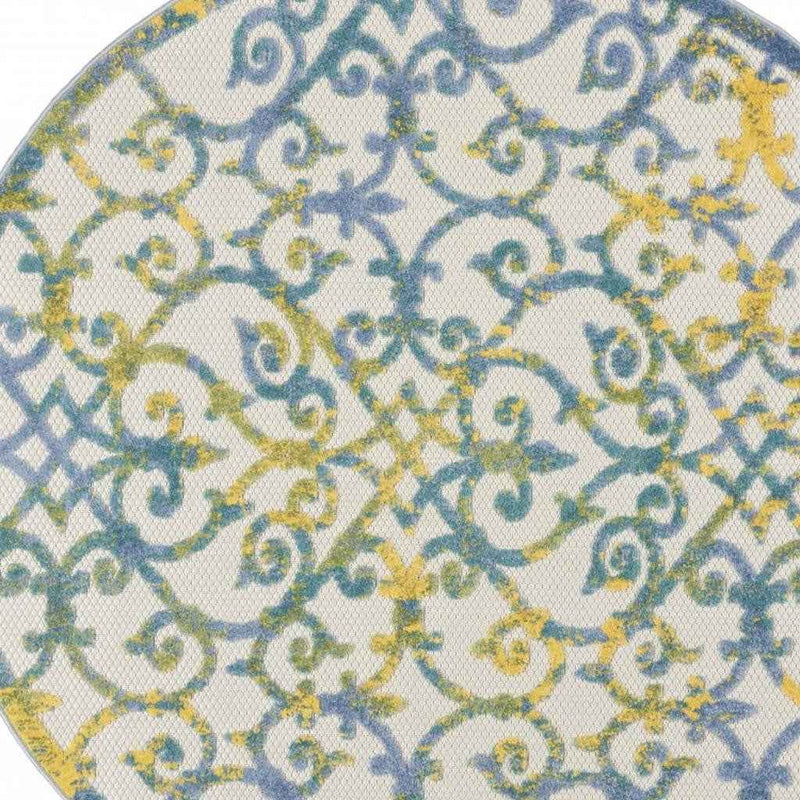 4' Ivory And Blue Round Indoor Outdoor Area Rug