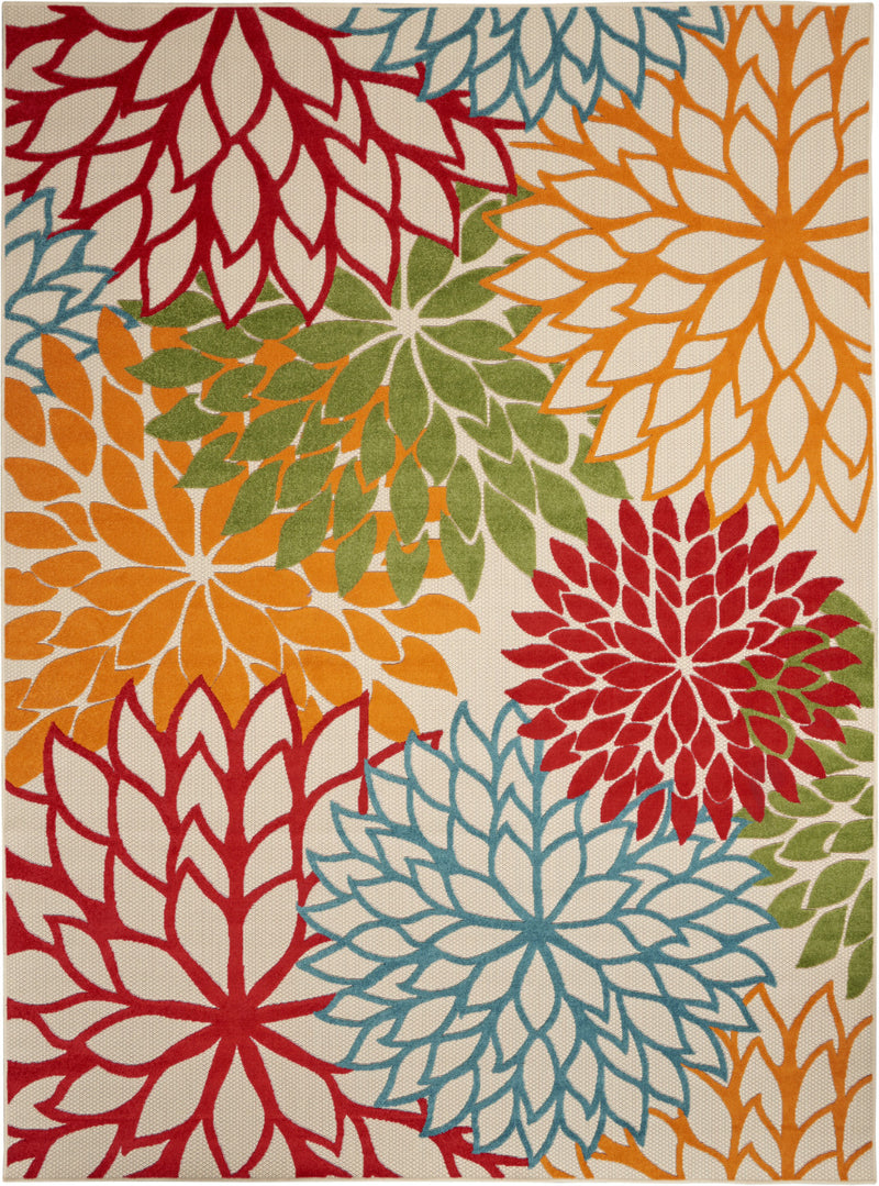 Ivory floral area rug with multicolor dahlia and leaf patterns in red, green, and blue