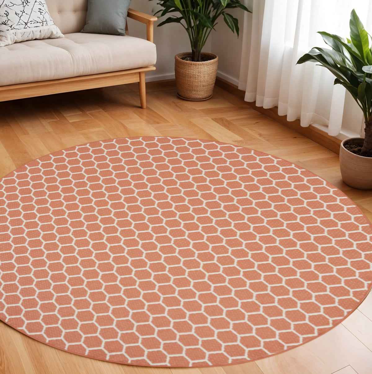8' Coral And Ivory Geometric Indoor Outdoor Area Rug