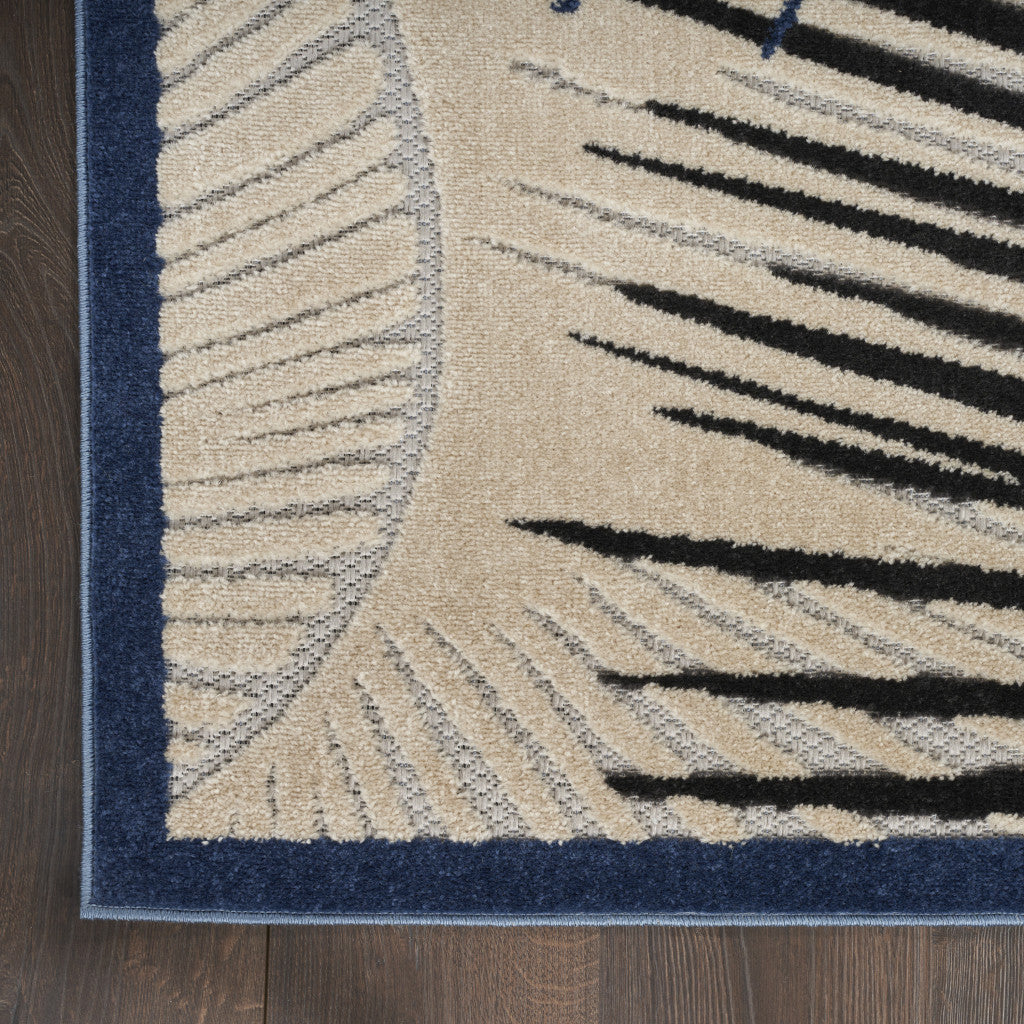 5' X 7' Navy Blue Ivory And Black Palm Leaf Indoor Outdoor Area Rug - Outdoor