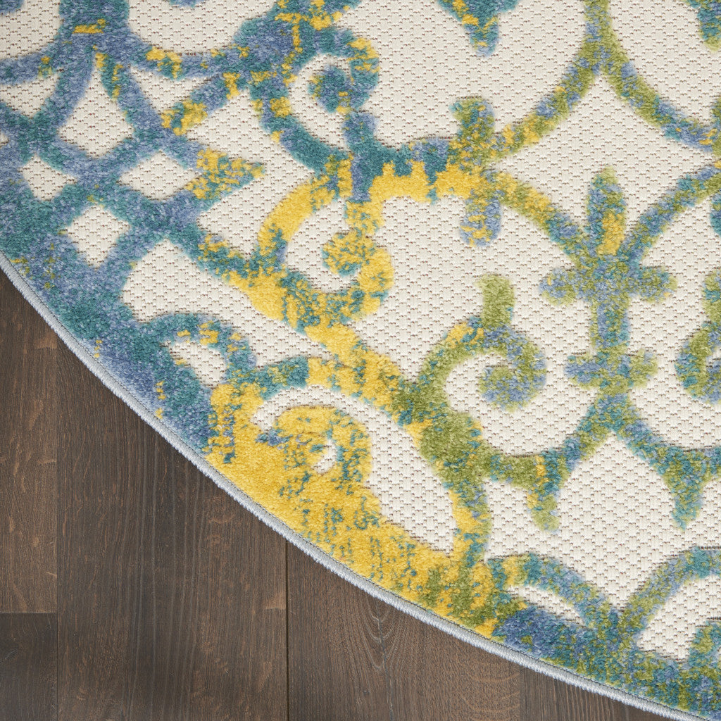 8' X 8' Ivory And Blue Round Indoor Outdoor Area Rug - Outdoor