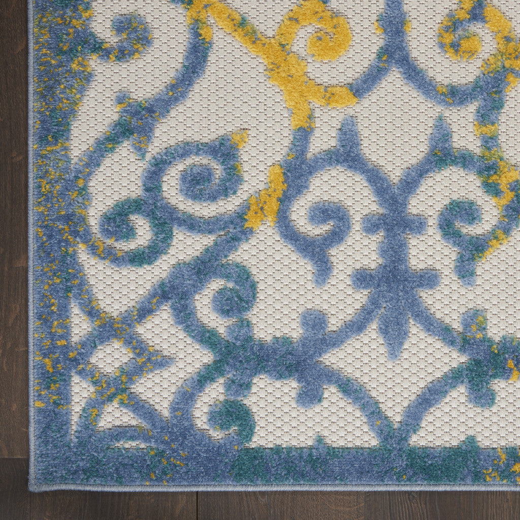 8' Ivory And Blue Indoor Outdoor Area Rug - Outdoor