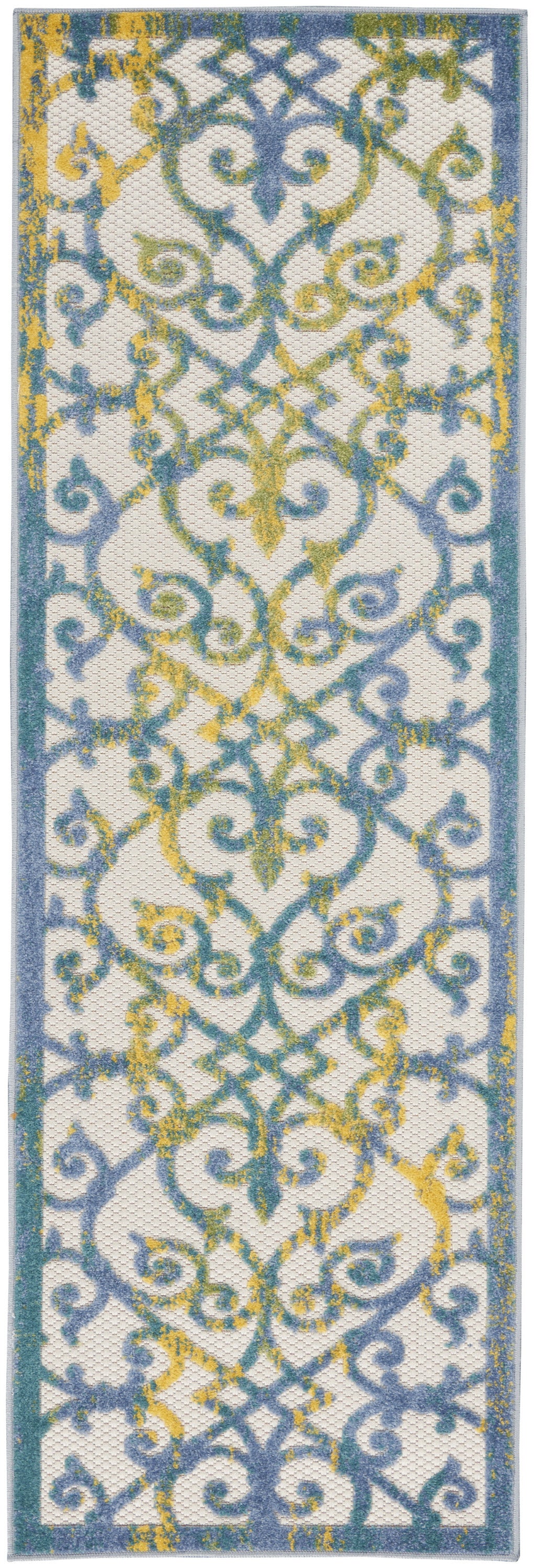 8' Ivory And Blue Indoor Outdoor Area Rug - Outdoor