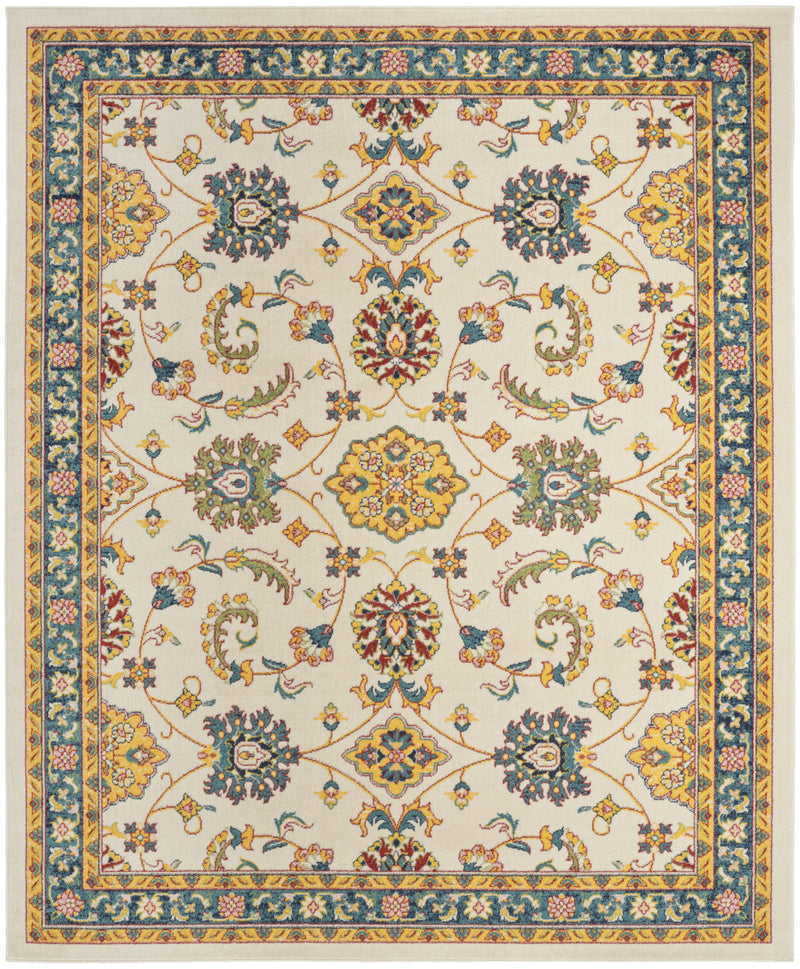 Ivory floral area rug with symmetrical blue border and gold-centered ornaments