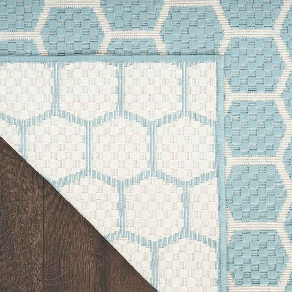 10' X 14' Aqua And Ivory Geometric Indoor Outdoor Area Rug