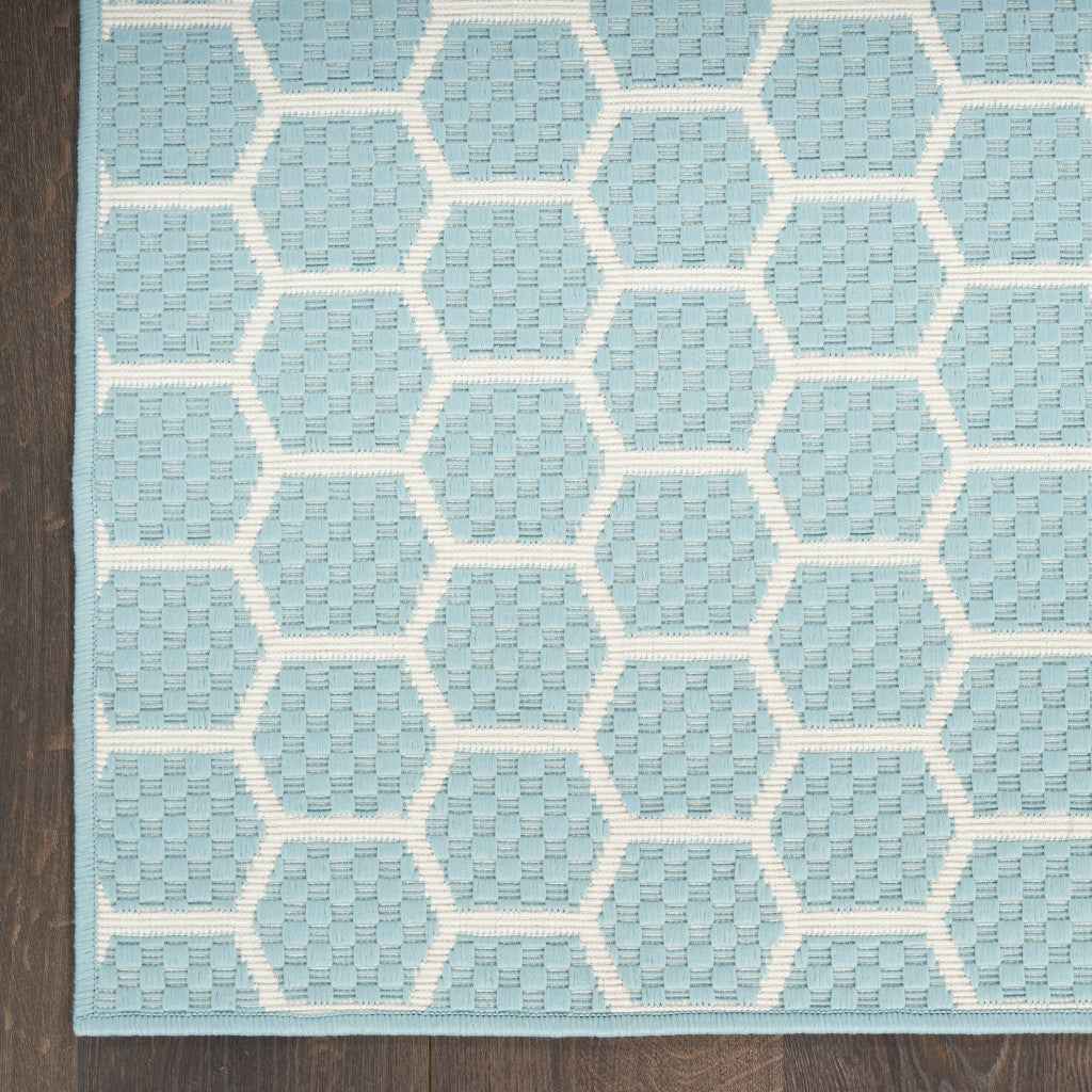 10' X 14' Aqua And Ivory Geometric Indoor Outdoor Area Rug