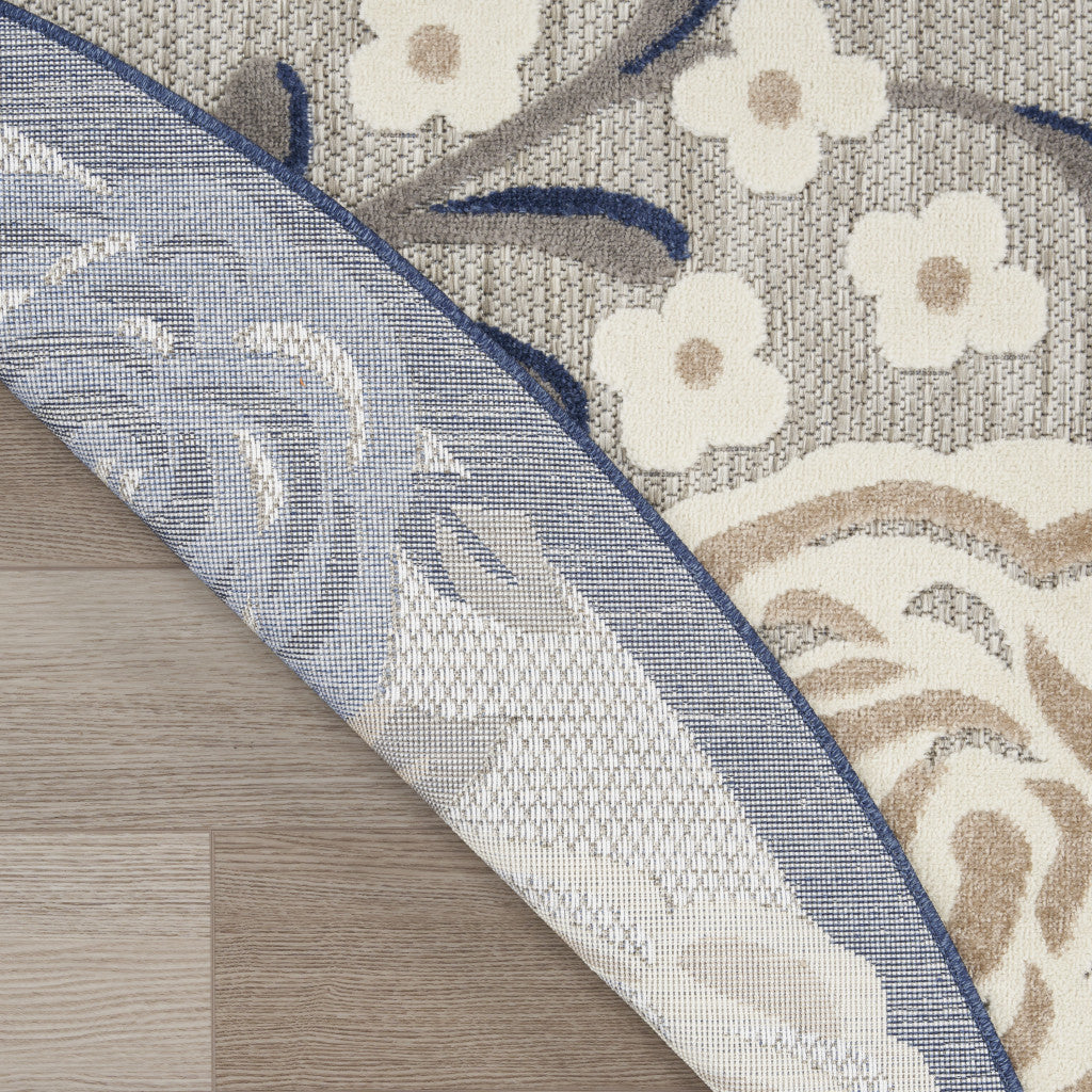 8' Blue and Gray Round Floral Indoor Outdoor Area Rug - Outdoor
