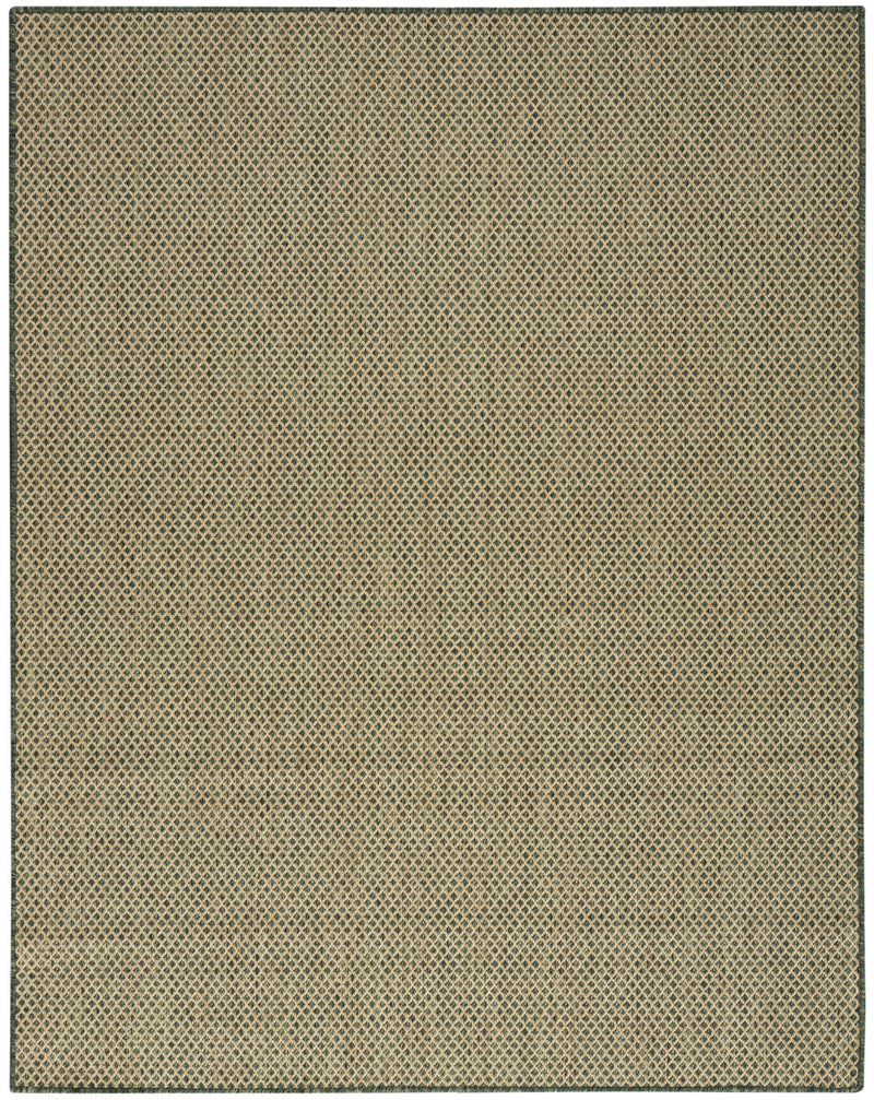 Square flatweave area rug in olive green with dense repeating dot pattern border
