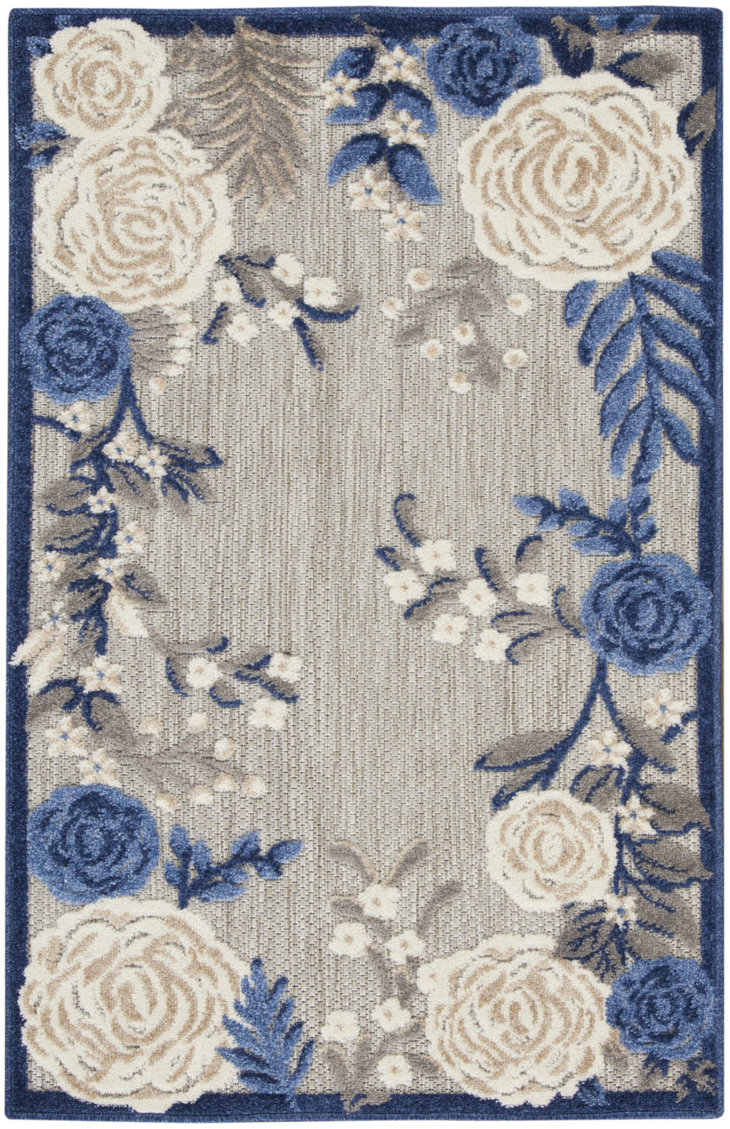 3' X 4' Blue and Gray Floral Indoor Outdoor Area Rug - Outdoor