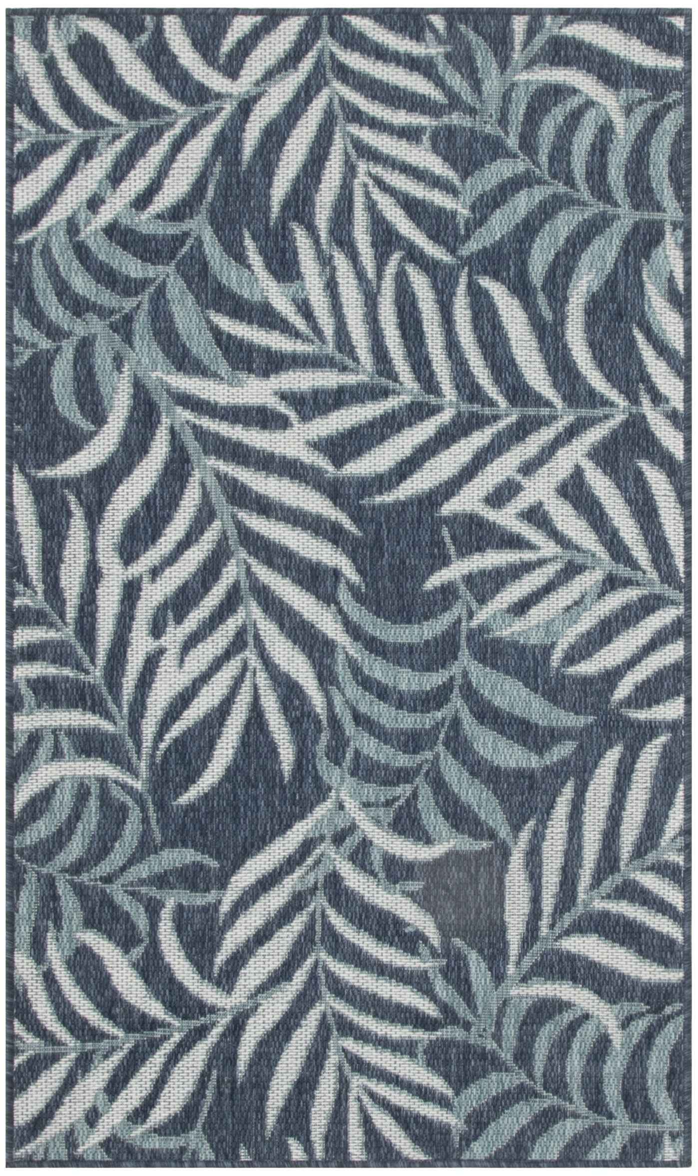 3' X 5' Navy Blue And Ivory Palm Leaf Indoor Outdoor Area Rug