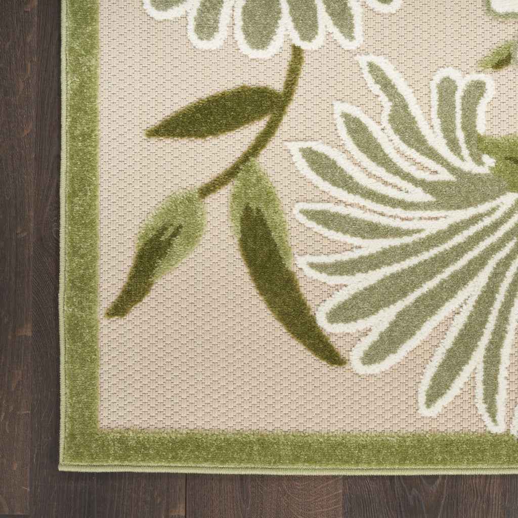 6' Ivory And Green Floral Indoor Outdoor Runner Rug