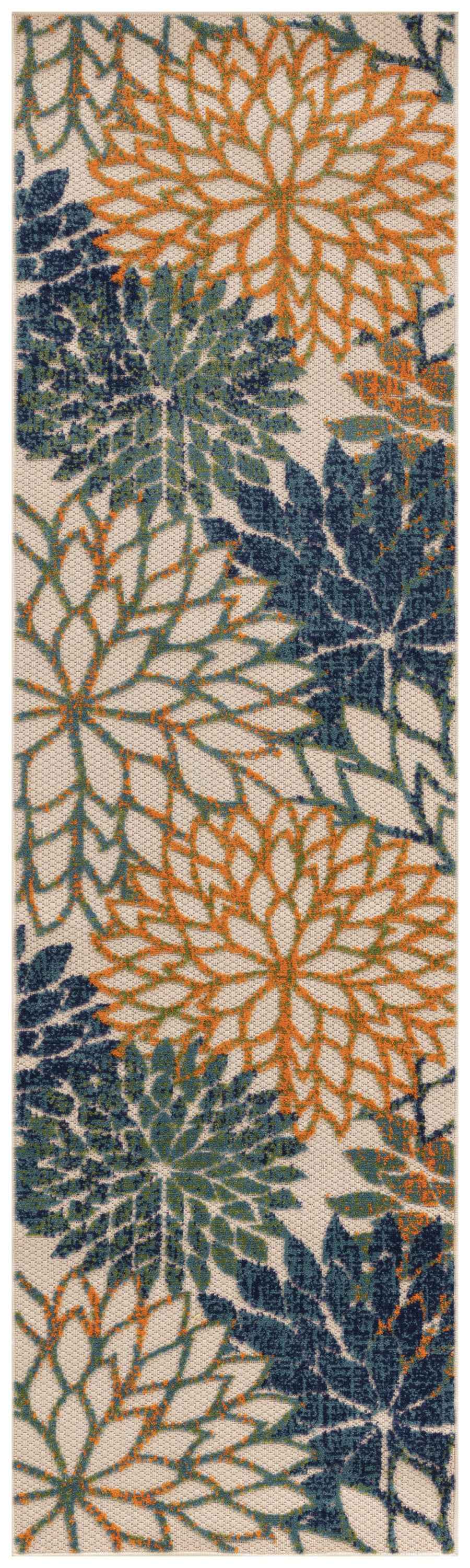 6' Blue Green And Orange Floral Indoor Outdoor Runner Rug