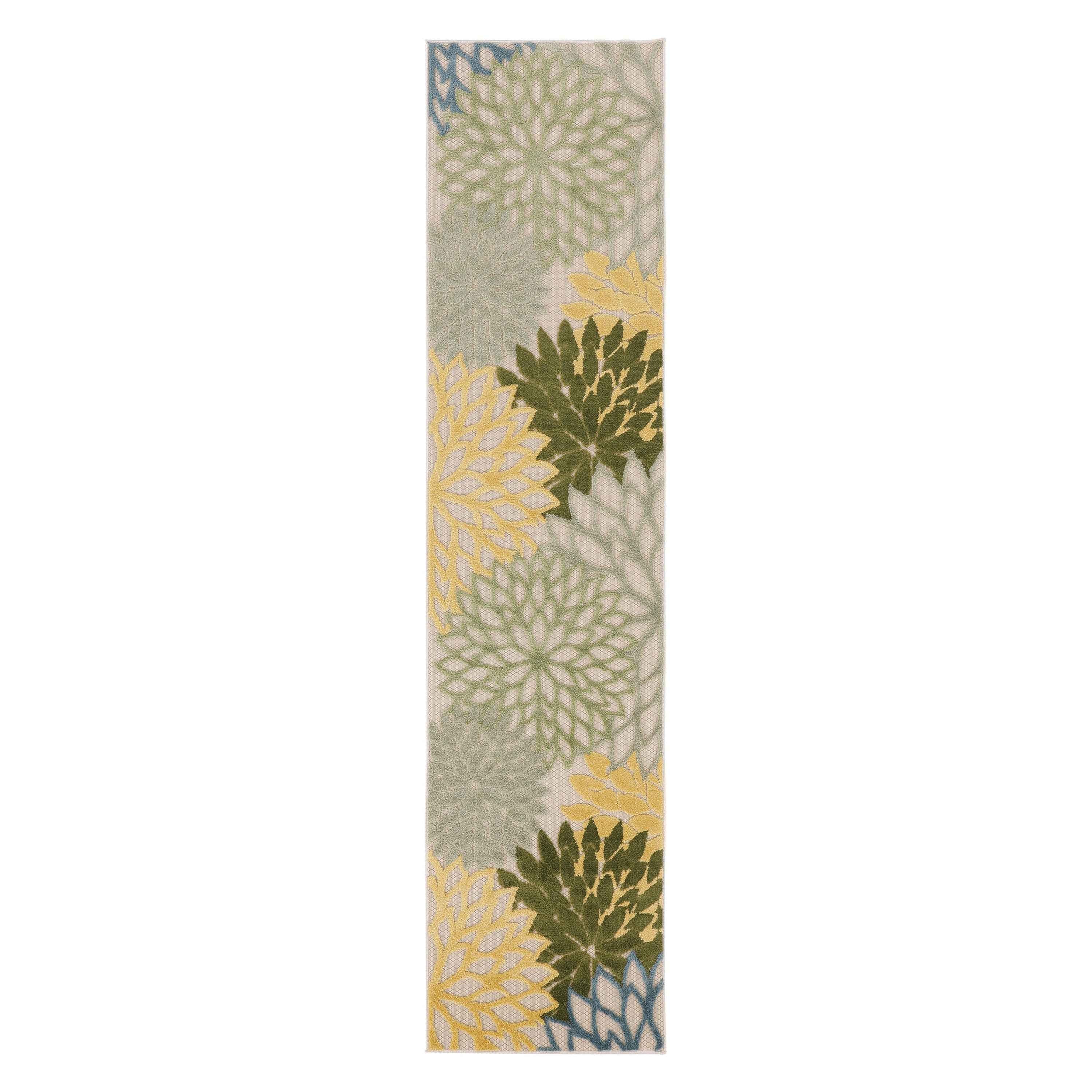 6' Dark Green Yellow And Blue Floral Indoor Outdoor Runner Rug
