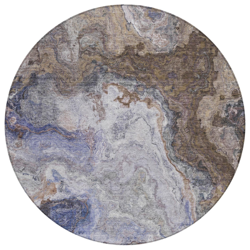 Round abstract area rug top view, light gray center with blue and brown tones