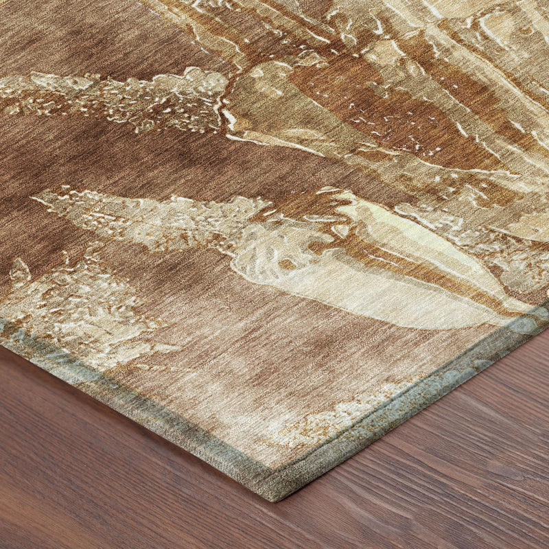 Corner of rectangular area rug with textured abstract floral pattern in beige and brown