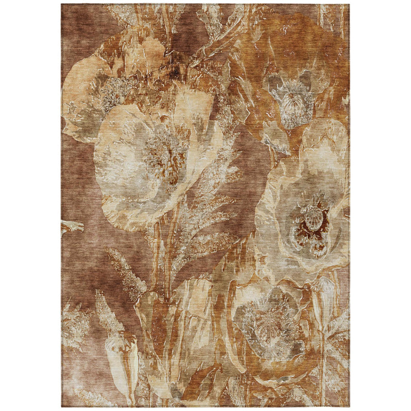 Rectangular area rug featuring an abstract floral wash design in brown and beige