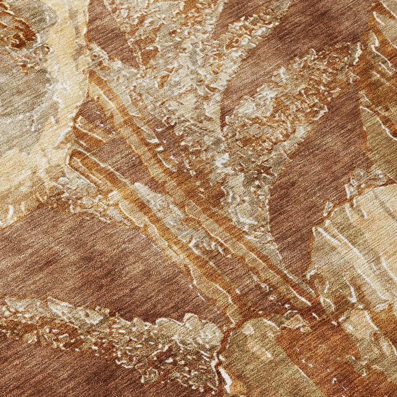 Close-up of rectangular area rug texture with abstract floral wash in brown, beige, cream