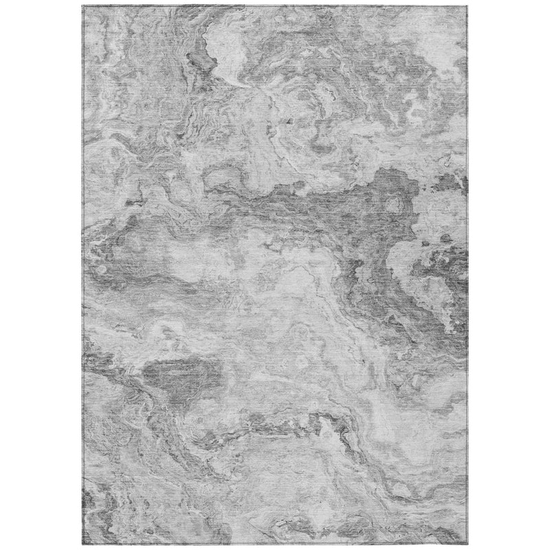 Gray and silver abstract washable area rug, full top view with mottled pattern.