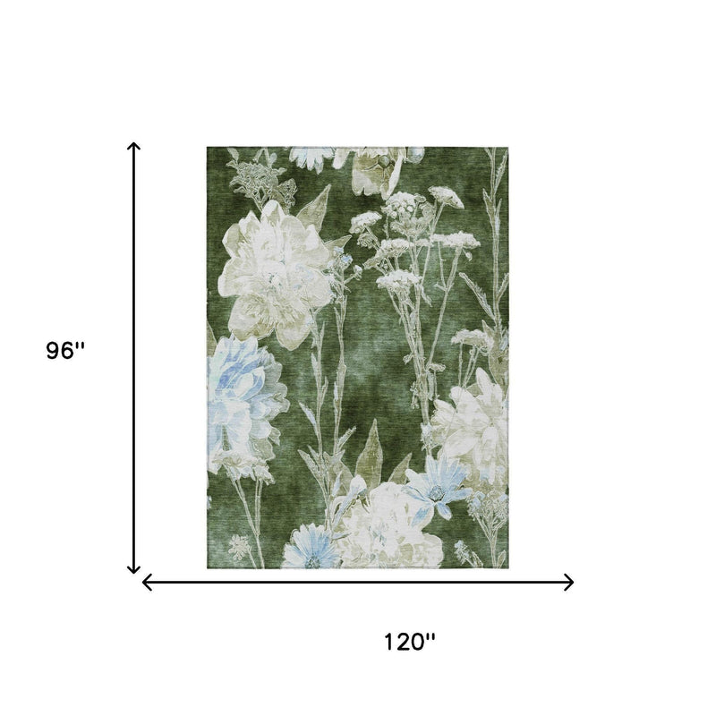 Green floral area rug, 120 in x 96 in, ivory and blue botanical print