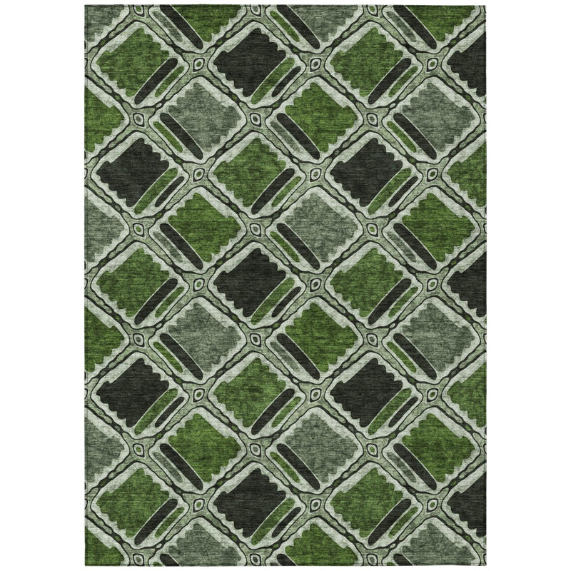 Geometric area rug with repeating diamond grid in green, emerald, and gray
