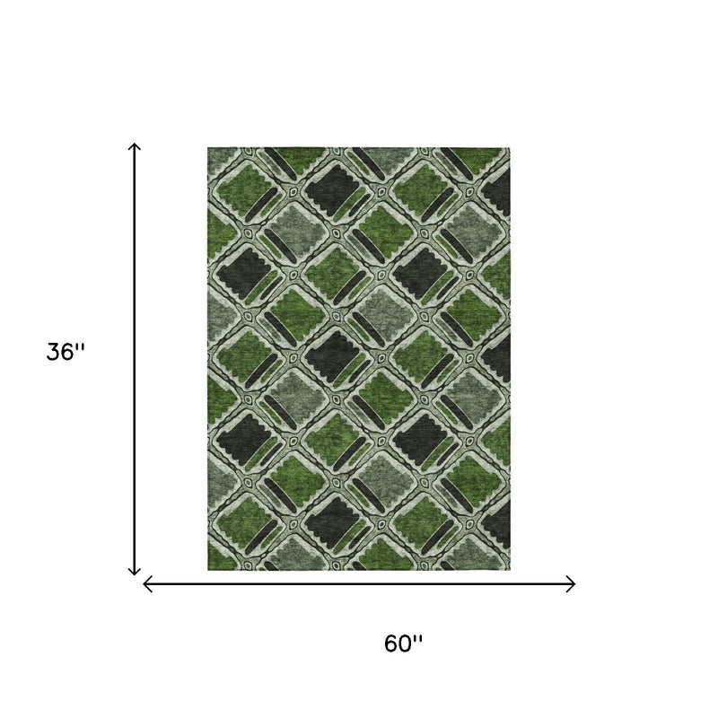 Geometric area rug, 3 x 5 ft, green and gray lattice pattern
