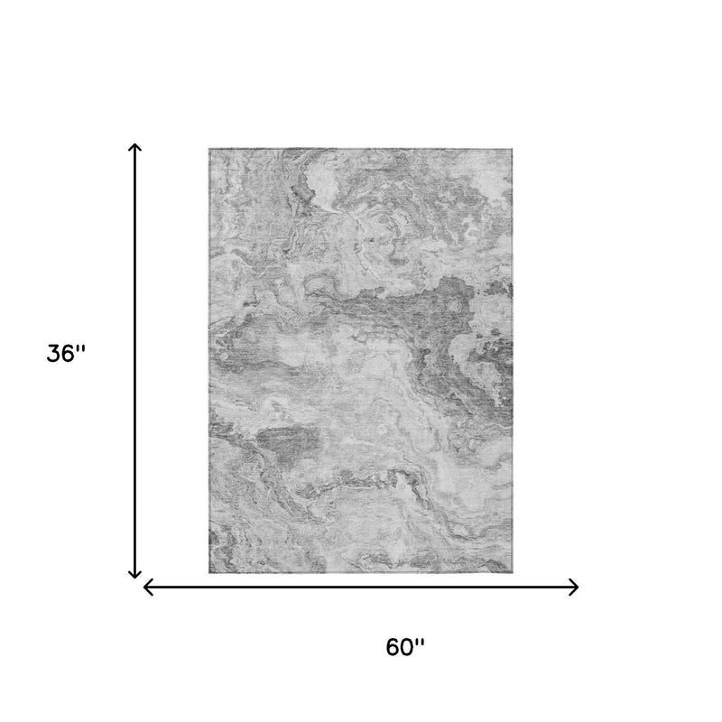 Gray and silver abstract area rug, front view with 60 in x 36 in size diagram